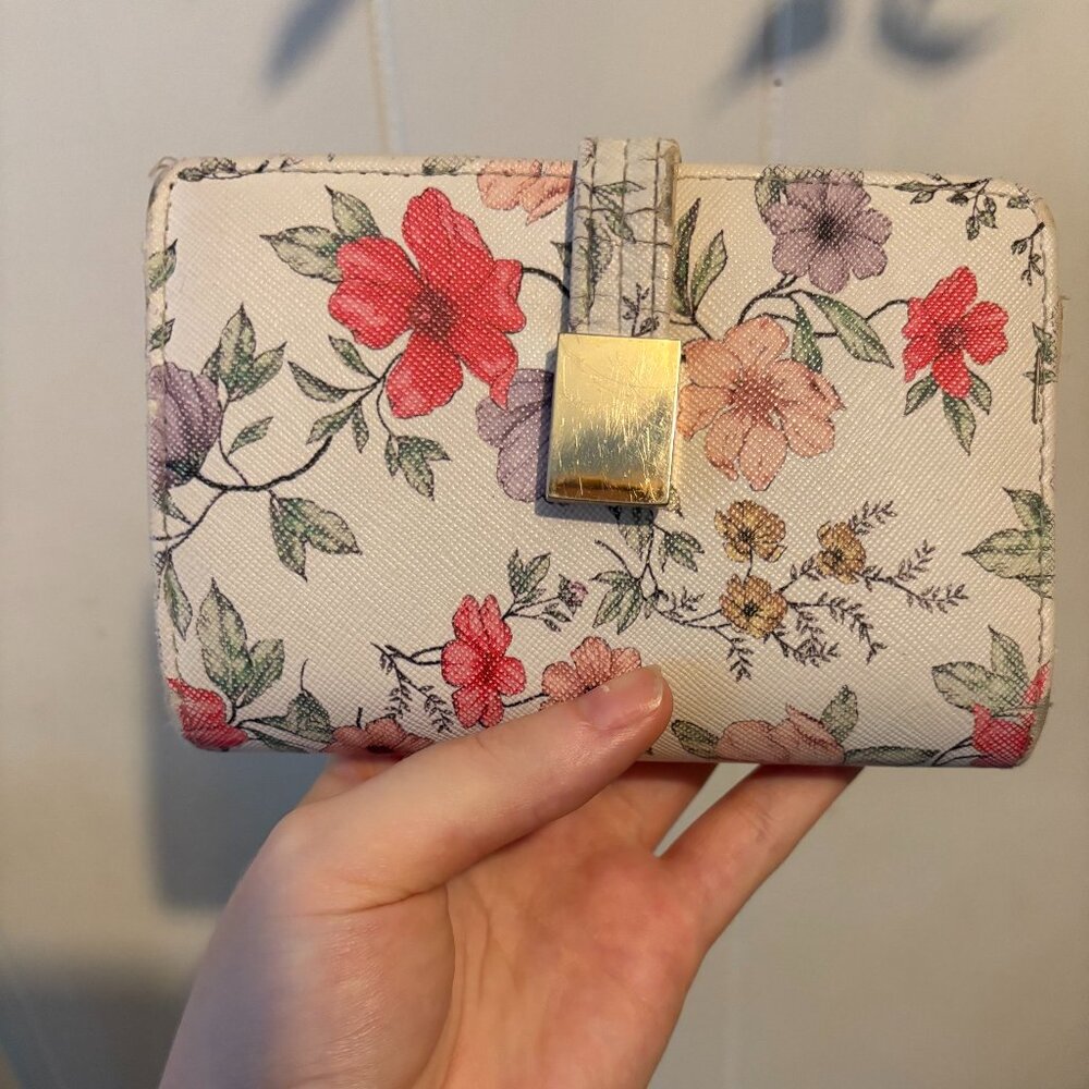 Floral White Wallet with Gold Hardware